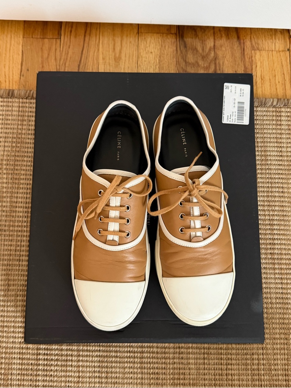 Celine Tan and White Lace-Up Sneakers